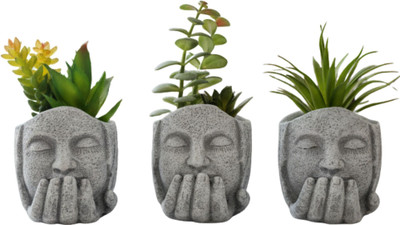 Nurahome Speak No Evil Monk Planter Set – Grey Cement Look Pots with Artificial Plants Bonsai Artificial Plant  with Pot(15 cm, Green)