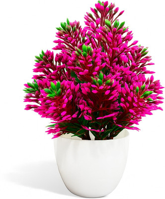 SKIDecor Artificial Potted Plant with Pink and Green Flowers in White Ceramic Pot Bonsai Wild Artificial Plant  with Pot(18 cm, Multicolor)