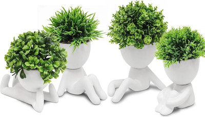 JJ Plastic Cute Artificial Mini Succulent Plants with Creative Human Shaped Pots Bonsai Wild Artificial Plant  with Pot(16 cm, White)