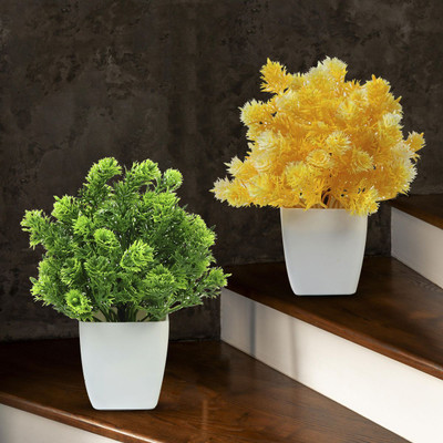 REIKI CRYSTAL PRODUCTS Artificial Bonsai Plants Combo Indoor for Home Farmhouse (PACK OF 2) Bonsai Wild Artificial Plant  with Pot(11 cm, Green, Yellow)