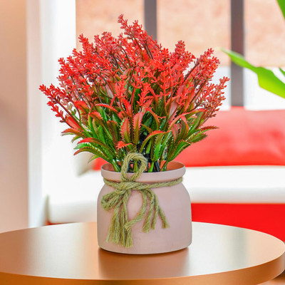 Ekhasa Wild Grass Flower Vase with Artificial Flowers Plant | Wild Artificial Plant  with Pot(22 cm, Red)