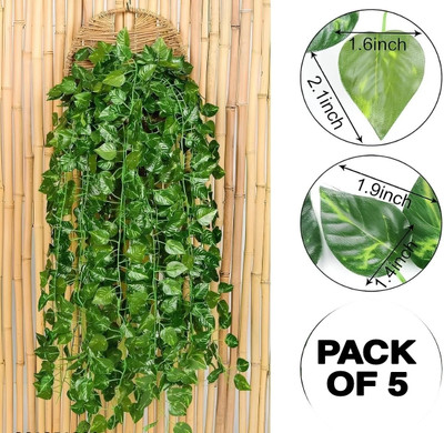 FITDREEZ (8 Feet) (Set of 5)30 Leave in one String Artificial Money Plant For Home decor Artificial Plant(8 cm, Green)