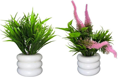 GREENISH Artificial Potted Plants Pack of 2 Bonsai Wild Artificial Plant  with Pot(15 cm, Green)