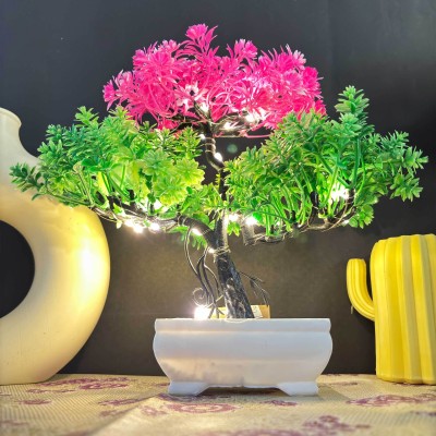 beecraft Artificial LED Bonsai Tree with Lush Colorful Foliage in Elegant Plastic Pot Bonsai Wild Artificial Plant  with Pot(24 cm, Pink, Green)