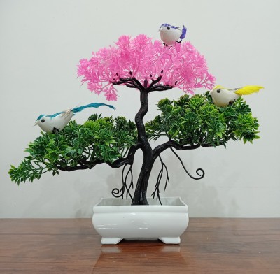 Decogreen SINGAL 3LP Pink, 3Birds, With Ship Pot. For H, Office Decor & Study Table, Bonsai Wild Artificial Plant  with Pot(22 cm, Pink)