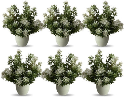 CozyClothe Set of 6 Artificial Flowers With Pot Bonsai Wild Artificial Plant  with Pot(15 cm, Green, White)