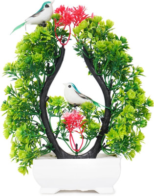 MODO Artificial Bonsoi Tree with Sparrow for Living Room Decor Bonsai Wild Artificial Plant  with Pot(23.5 cm, Green, Red)