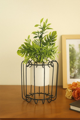 AOB Decor Artificial Green Leaf Plant with White Pot & Black Designer Metal Stand Bonsai Artificial Plant  with Pot(13 cm, White)
