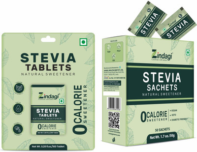 Zindagi Stevia sachets (50 Sachets) & Stevia Liquid (10 ml)| SugarFree Sweetentener Sweetener(60 g)