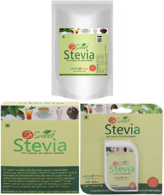 SO SWEET Stevia Combo (250gm, 50 Sachets, 500 Stevia Tablets) Zero Calorie Natural Sweetener(372 g, Pack of 3)