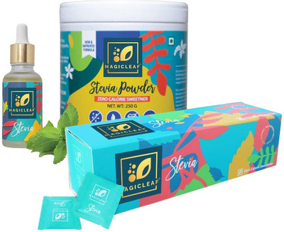 Magic Leaf Stevia Leaf Extract Stevia Drops 30ml, Stevia 100 Sachets & Stevia Powder Sweetener(250 g, Pack of 3)