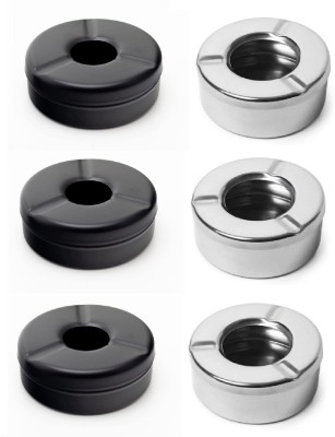 Dynore Stainless steel Black/Silver Round Lid Ash Tray- Set of 6 Black, Silver Steel Ashtray(Pack of 6)