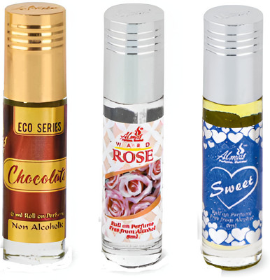 Almas Chocolate, Rose and Sweet Non-Alcoholic Attar (Combo Pack of 3, 6ml Each) -18ml Floral Attar(Chocolate, Rose)