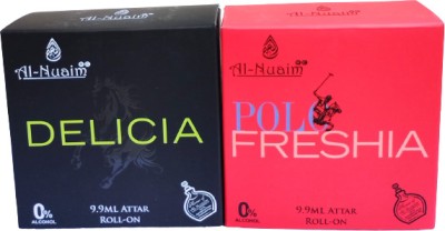 Al Nuaim DELICIA +FRESHIA 9.9ml Each Attar Roll On - Combo Pack Floral Attar(Amber, Leather)