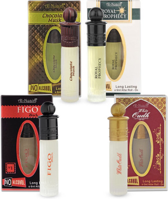 Al-Nuaim Chocolate Musk, Royal Prophecy, Figo& White Oudh Attar - Pack of 4 (6ml Each) Floral Attar(Oud (agarwood))