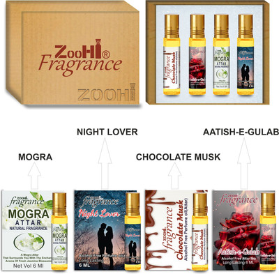 ZOOHI 4 Unique Trending Collection of Non-Alcoholic Attar Scents For Men & Women Floral Attar(Rose, Oud (agarwood), Citrus, Motia/Jasmin, Floral, Fruity)
