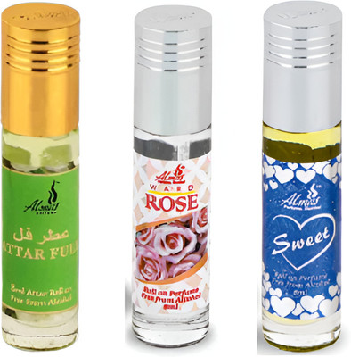 Almas Mogra, Rose, Sweet Non-Alcoholic Attar (Combo Pack of 3, 6ml Each) -18ml Floral Attar(Mogra, Rose, Floral)