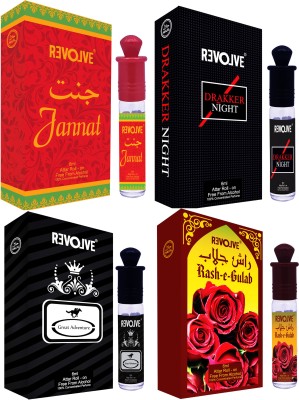 Revolve Darker Night, Great Adventure, Rash E Gulab & Jannat AQD Floral Attar(Citrus, Leather, Jannat ul Firdaus, Rose)