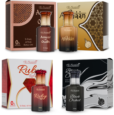 Al-Nuaim Ameer Al Oudh, Afshan, Black Orchid & Ruby Red Attar - Pack of 4 (9.9ml Each) Floral Attar(Oud (agarwood))