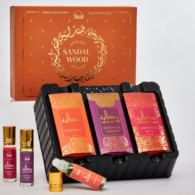Dukhni Sandalwood Attar Oil Set | Arab Perfume Oils | 3 Ittar Roll-Ons (6ml Each) Floral Attar(Sandalwood, Motia/Jasmin, Rose)