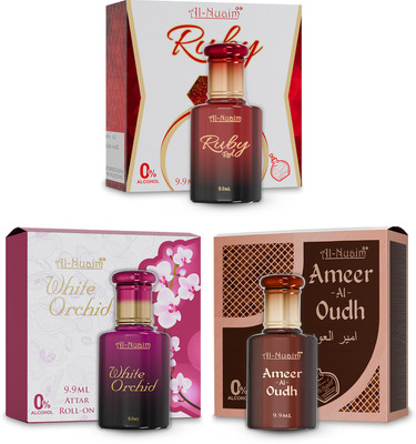 Al-Nuaim Ruby Red, White Orchid & Ameer Al Oudh Attar - Pack of 3 (9.9ml Each) Floral Attar(Musk)