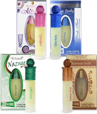 Al-Nuaim Alisha, Blue Lady, Nazneen & Kashmiri Oudh Attar - Pack of 4 (6ml Each) Floral Attar(Musk)