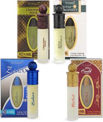 Al-Nuaim Chocolate Musk, Royal Prophecy, Zatax & White Oudh Attar - Pack of 4 (6ml Each) Floral Attar(Oud (agarwood))
