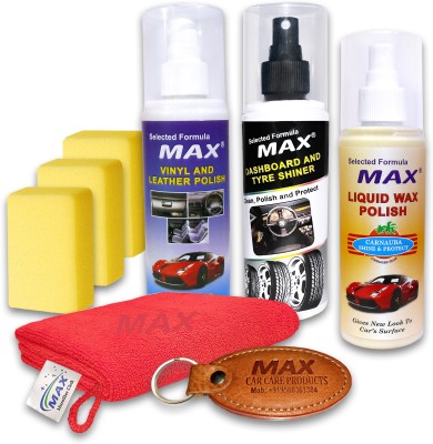 MAX Ultimate Car Care Kit includes Dashboard & Tyre Shiner 200 ml, Liquid Wax Polish 200 ml, Vinyl & Leather Polish 200 ml, Foam applicator - 3 Pcs, Microfiber Cloth - 1 Pc Combo