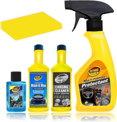 CITRUS POWER Car Polish 250ml, Wash & Wax 60ml, Chrome Cleaner 60ml, Wind Shield Cleaner 30ml, Sponge Combo