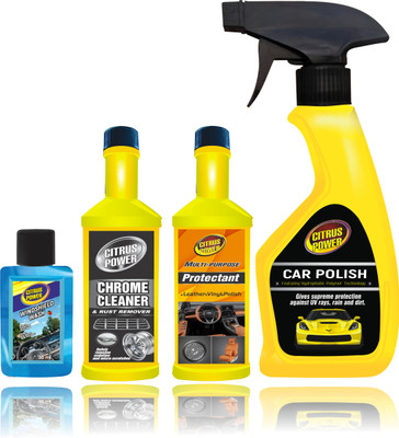 CITRUS POWER Car Polish 250ml, Wash & Wax 60ml, Chrome Cleaner 60ml, Windshield Cleaner 30ml Combo