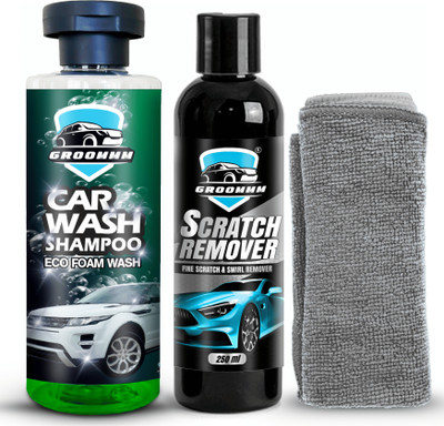 GROOMMM Car Shampoo 250 ml & Car Scratch Remover 250 ml, With Microfiber Cloth Combo
