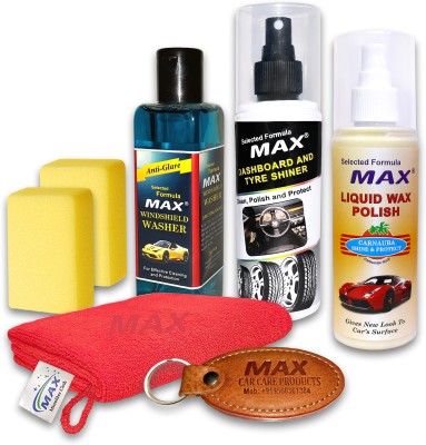 MAX Classic Car Clean & Wax Kit includes Dashboard & Tyre Shiner 200 ml, Liquid Wax Polish 200 ml, Windshield Washer 200 ml, Foam applicator - 2 Pcs, Microfiber Cloth - 1 Pc Combo