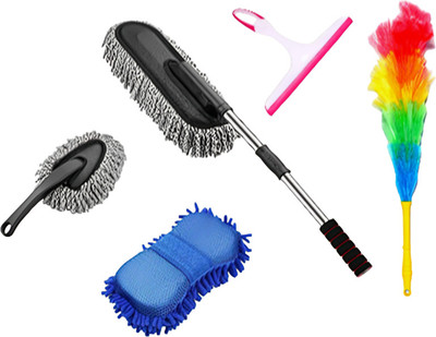 Gleamify MICROFIBER CAR DUSTER, FEATHER BRUSH, GLASS WIPER, 1 - MIC. SPONGE, MINI CAR DUSTER Combo