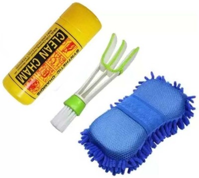 WINKCART 1 Microfiber Car wash Sponge,1 Ac Vent cleaning Brush,1 Clean cham cloth Combo