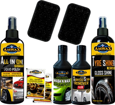 amwax Tyre Shiner 120 ML, Wash and Wax 50 Ml, Scratch Remover 50 Ml, Dashboard Polish Pouch 10 Ml x 2 Pc., 2 pc Sponge, All In One Polish 120 ML Combo