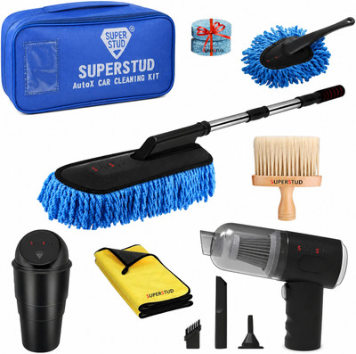 SUPERSTUD 6 Pcs Car Cleaning Kit Microfiber Brush, Vacuum, Dustbin, MicroCloth, Brush, AC Vent Brush Combo