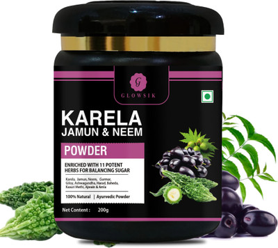 GLOWSIK Karela Jamun Neem Powder | 11 Potent Herbs | Helps Regulate Blood Sugar Levels