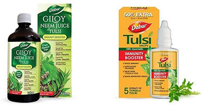 Dabur Giloy Neeem Tulsi Juice 1-Ltr With Tulsi Drop 30 ml- Immunity Boosting(Pack of 2, 1 L)
