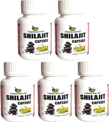 VEDANTRA AYURVEDA Shilajit Capsules With Ashwagandha and Giloy For Strength, Power & Stamina(Pack of 5, 150 Capsules)