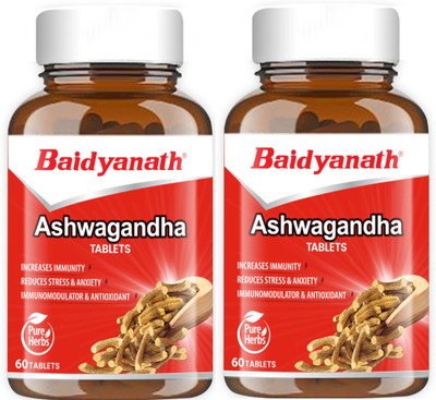 Baidyanath Ashwagandha- General Wellness Tablets | Immunity Booster | Helps to handle Stress and Anxiety | Rejuvenates Mind and Body | 120 TB(Pack of 2, 60 Tablets, 60 Tablets)