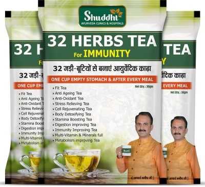 Shuddhi Ayurveda 32 Herbs Green Tea, Elaichi, Brahmi, Tulsi, 30gm(Pack of 3)