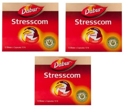 Dabur Stresscom Capsules (10 Capsule * 12 Strip) For Help Relieve Stress(Pack of 3, 360 Capsules)