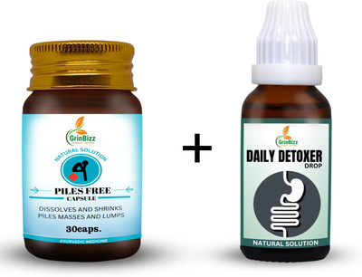 grinbizz Combo Of Piles Free Capsule With Daily Detoxer Drop/Relief Piles Pain & Acidity(Pack of 2, 30 Capsules, 30 ml)