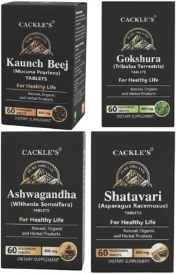 Cackle's Gokshura Tablet, Kaunch Beej, Ashwagandha & Shatavari 800mg; 60 Tablets each(Pack of 4, 60 Tablets)