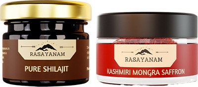 Rasayanam Pure Original Kashmiri Saffron (0.5 gm) and Himalayan Shilajit Resin 10g - Combo(Pack of 2, 10 g, 0.5 g)