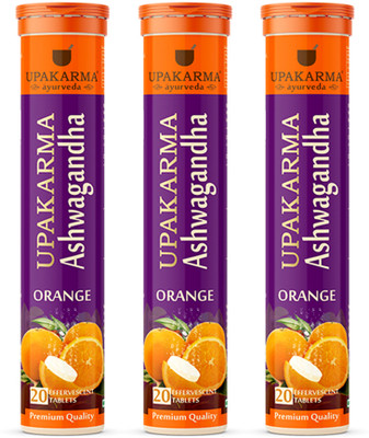 UPAKARMA Ashwagandha Effervescent 20 Tabs - Orange | Relieve Stress and Build Muscle Mass(Pack of 3, 60 Tablets)