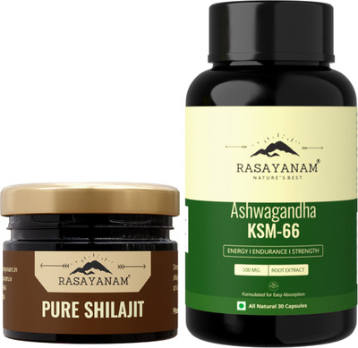 Rasayanam Ashwagandha KSM-66 (500 mg) and Pure Original Himalayan Shilajit Resin 20g Combo(Pack of 2, 60 Capsules)