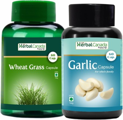 HARC Herbal Canada Wheat Grass (60 Capsules) + Garlic (60 Capsules) | Healthy Combo Pack(Pack of 2)