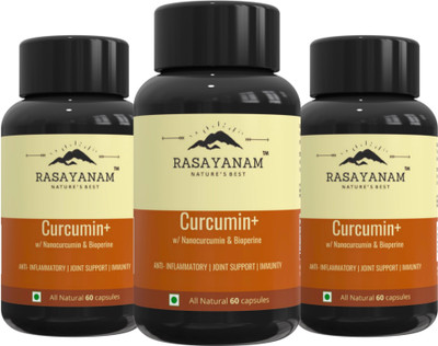 Rasayanam Curcumin+ 1500mg PACK OF 3 | Extra Pure Nanocurcumin with Bioperine | Turmeric & Black pepper extract | Natural Antioxidant(Pack of 3, 180 Capsules) Rasayanam Curcumin+ 1500mg PACK OF 3 | Extra Pure Nanocurcumin with Bioperine | Turmeric & Black pepper extract | Natural Antioxidant(Pack of 3, 180 Capsules)
