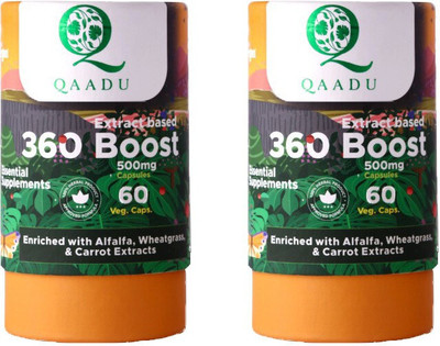 Qaadu 360 Boost Enriched with Alfalfa, Wheat Grass & Carrot Extract-(Pack of 2)500 mg(Pack of 2, 120 Capsules)